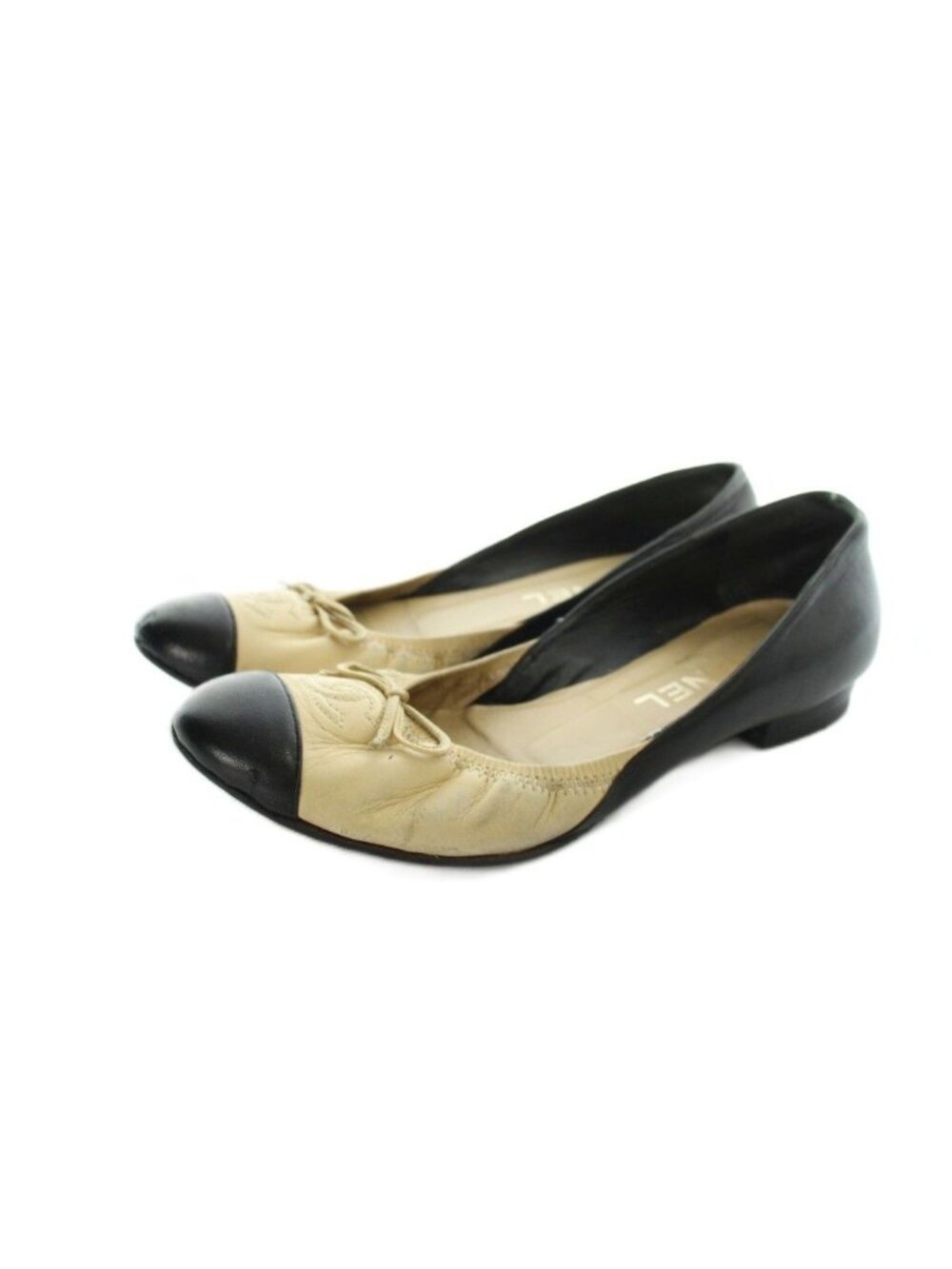Chanel Ballet Shoes Pumps Logo Leather CC Ribbon Bicolor Beige Black